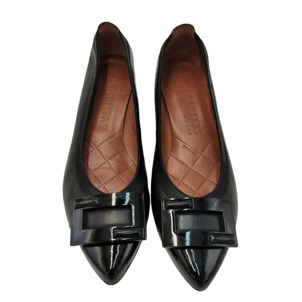 Hispanitas Womens Black Patent Leather Heels Size 5 Buckle Pointed Toe Comfort